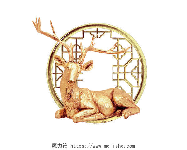 金色简约金属鹿摆件装饰古典边框元素PNG素材